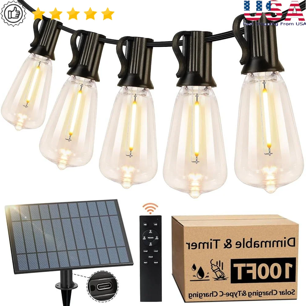 

100 футов солнечные гирлянды с дистанционным управлением USB перезаряжаемые светодиодные фонари для патио с регулируемой яркостью таймер 3 режима водонепроницаемый небьющийся идеальный