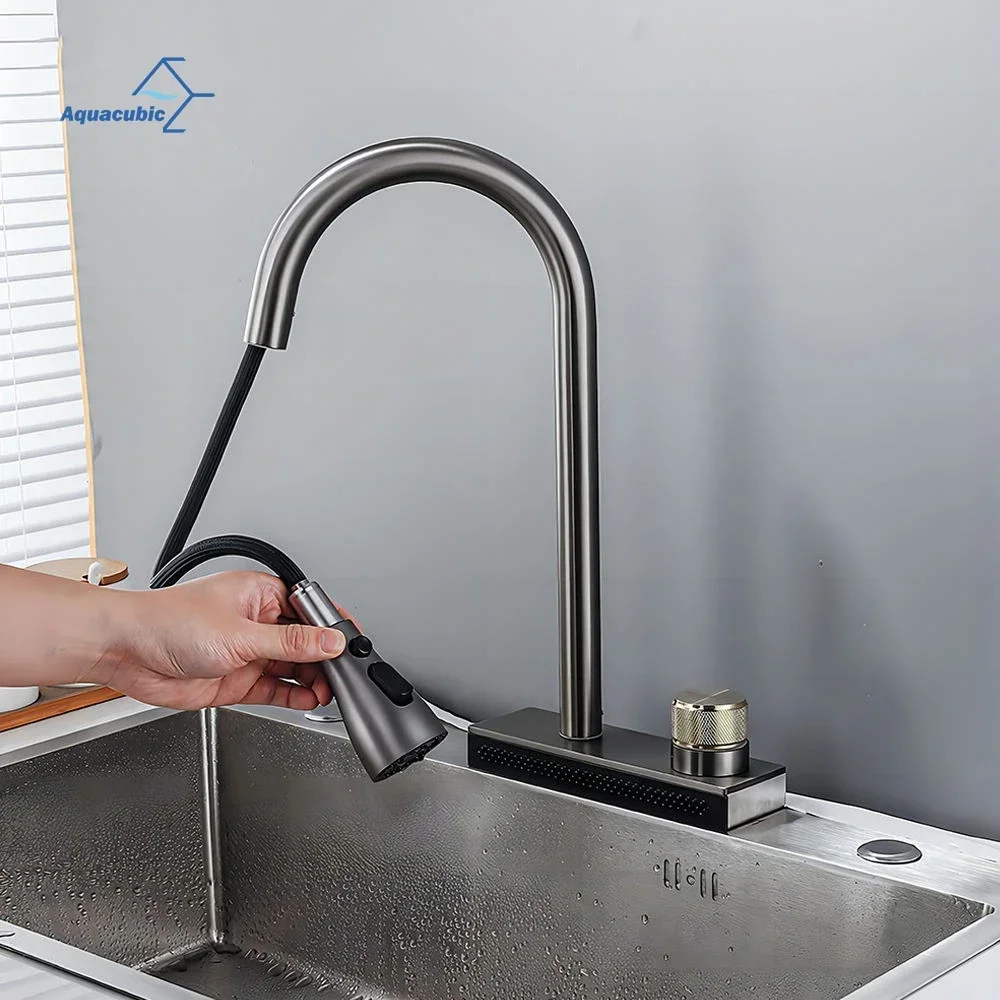 China Black Waterfall Kitchen Faucet with Pull Down Sprayer Sink Faucets Single Handle Grey Mixer Tap