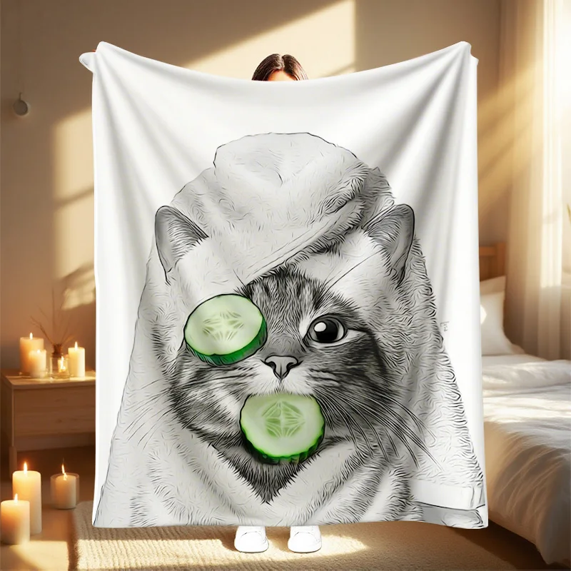 

1 шт. милое пушистое белое одеяло с принтом кота и огурца — мягкое всесезонное уютное одеяло для дивана, кровати, путешествий, кемпинга — Tabby Cat Desi