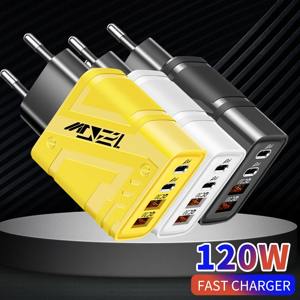 Total 120W Fast Charger 4 Ports USB Type C Quick Charge 3.0 Phone Charger Adapter For iPhone Samsung Xiaomi PD 120W C to C Cable