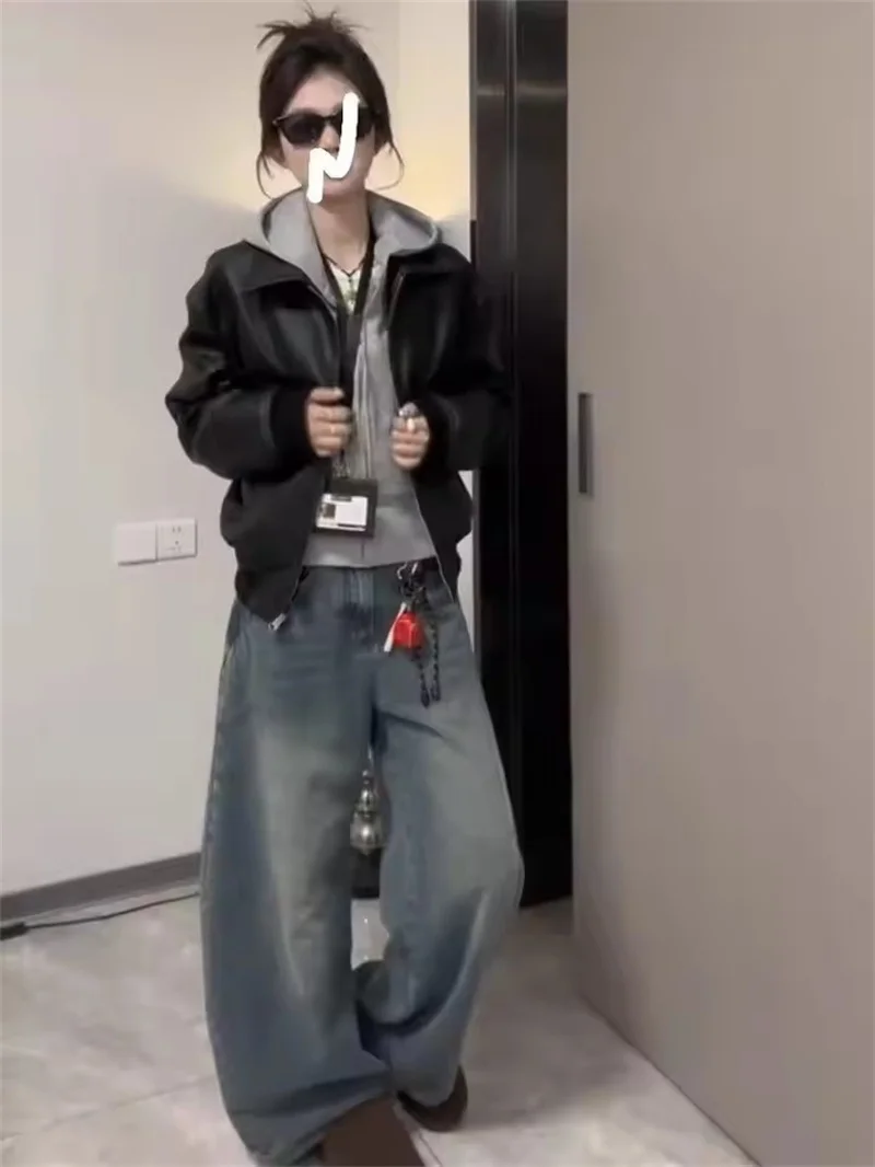 أسود ريترو دراجة نارية فو سترة جلدية السيدات جديد ربيع الخريف نمط قصير الاتجاه تنوعا سستة بولي معطف معطف جلد أبلى