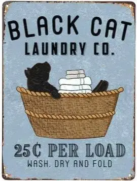 Black Cat Laundry Vintage Style Metal Sign Iron Painting for Indoor ; Outdoor Home Bar Coffee Kitchen Wall Decor