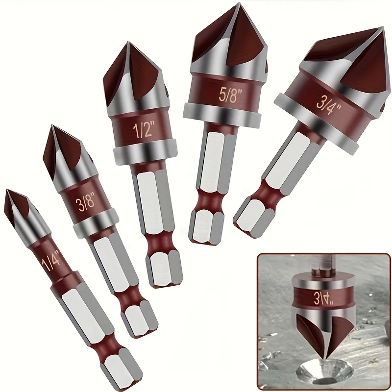 5pcs M35 Cobalt Countersink Drill Bit Set 5 Flute 82° 1/4