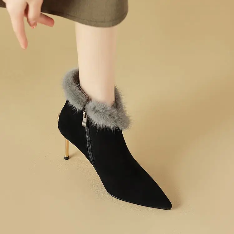 Luxury Black Leather Women Ankle Boots Sexy Pointed Toe Iron Thin High Heels Prom Pumps Mink Fur Winter Short Botines Zapatillas