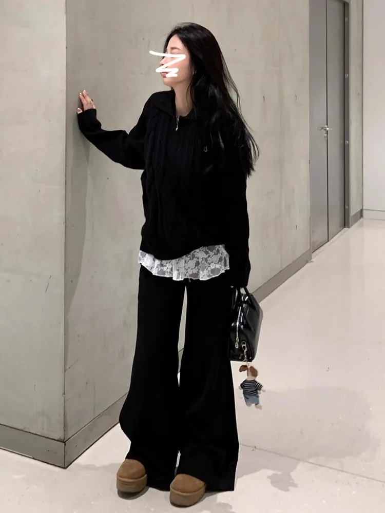 เสื้อสเวตเตอร์ถักไหมพรมหลวมๆ สไตล์ลำลองสำหรับผู้หญิง เสื้อคลุมฤดูใบไม้ผลิ 2025 รุ่นใหม่ สไตล์นักศึกษา แฟชั่น ซิปยาว คอปก