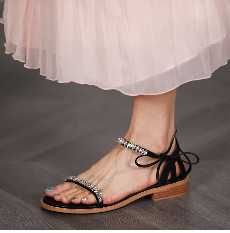 Summer Beach Sandals With Crystasl Sweet Girl Flat Heel Women Shoes OpenToe Ladies Shoes Cowhide Flats One Strap Lace-Up Sandals