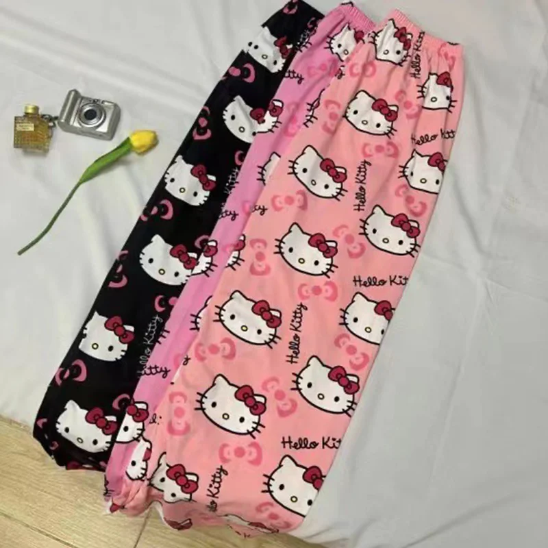 Hello Kitty Anime Y2k Kawaii Flannel Pajamas Women'S Warm Woolen Cartoon Casual Home Pants Autumn Winter Fashion Trousers