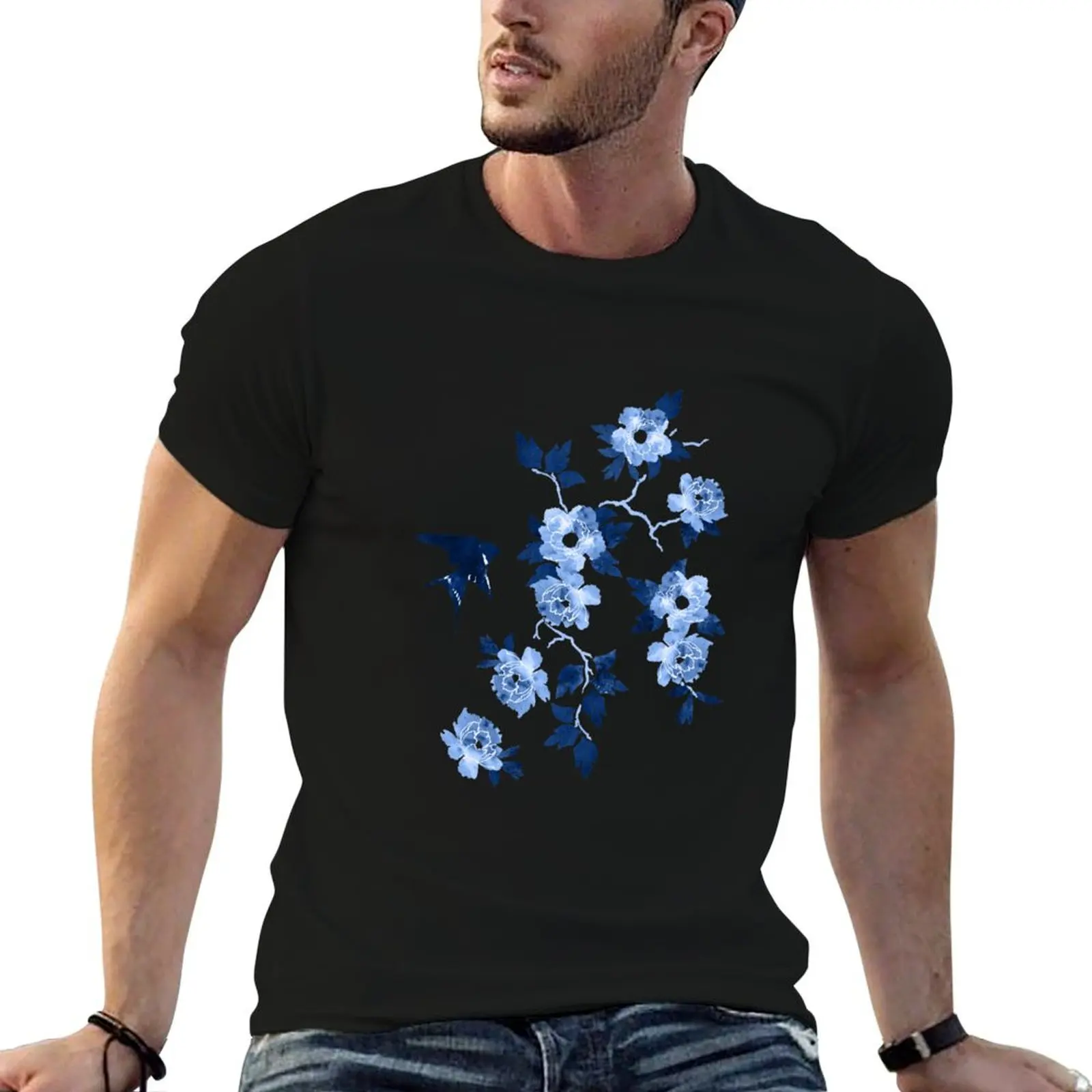 Oriental peonies in sapphire blue T-Shirt Moisture Wicking Athletic T-Shirt