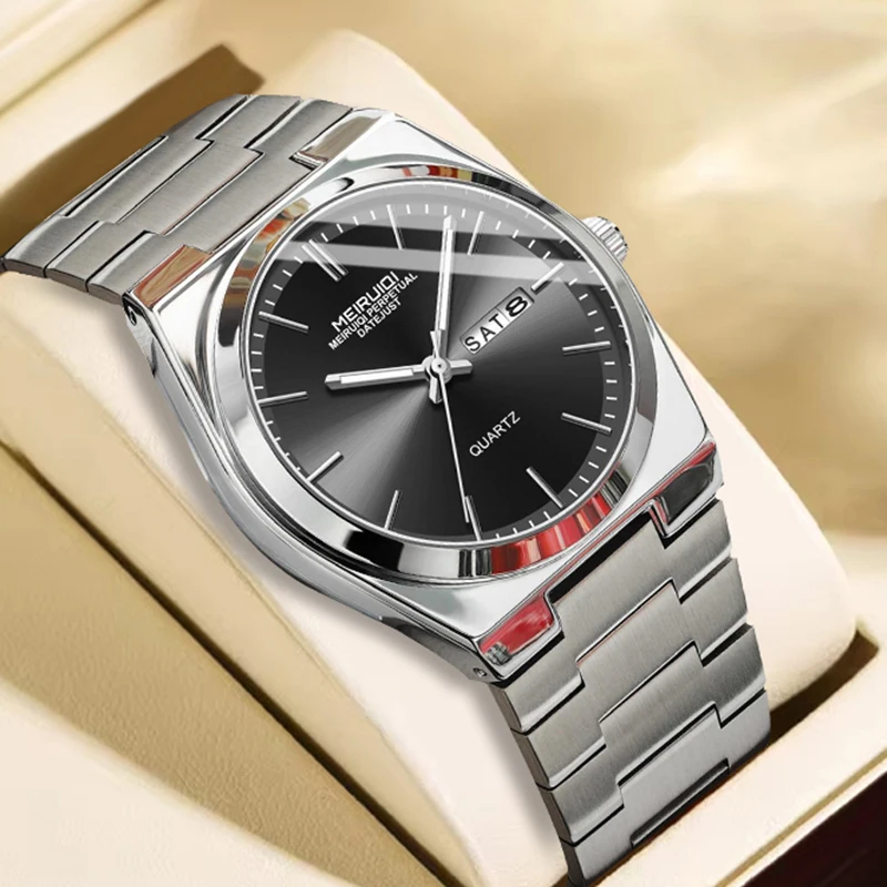 

Мужские серебристо-черные часы в повседневном стиле с календарем и бриллиантами, кварцевые часы