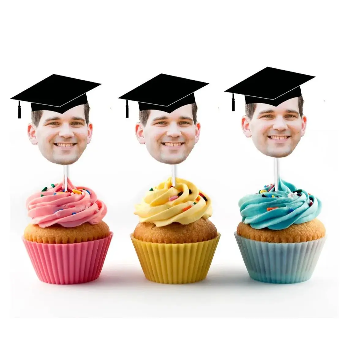 Graduation Cupcake Toppers with Face and Cap (12 count) - Personalized, Custom, Congrats Grad, Class of. Funny, Centerpiece, Cak