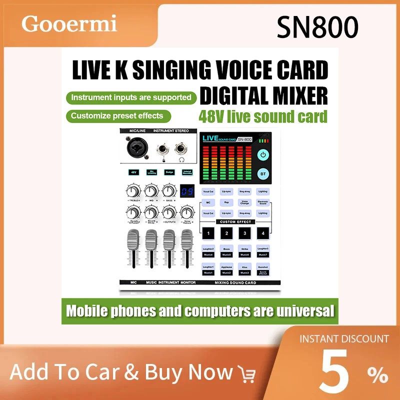 

Звуковая карта Gooermi SN800 для ПК с Bluetooth-подключением, фантомным питанием 48В, цифровым микшированием и записью в реальном времени
