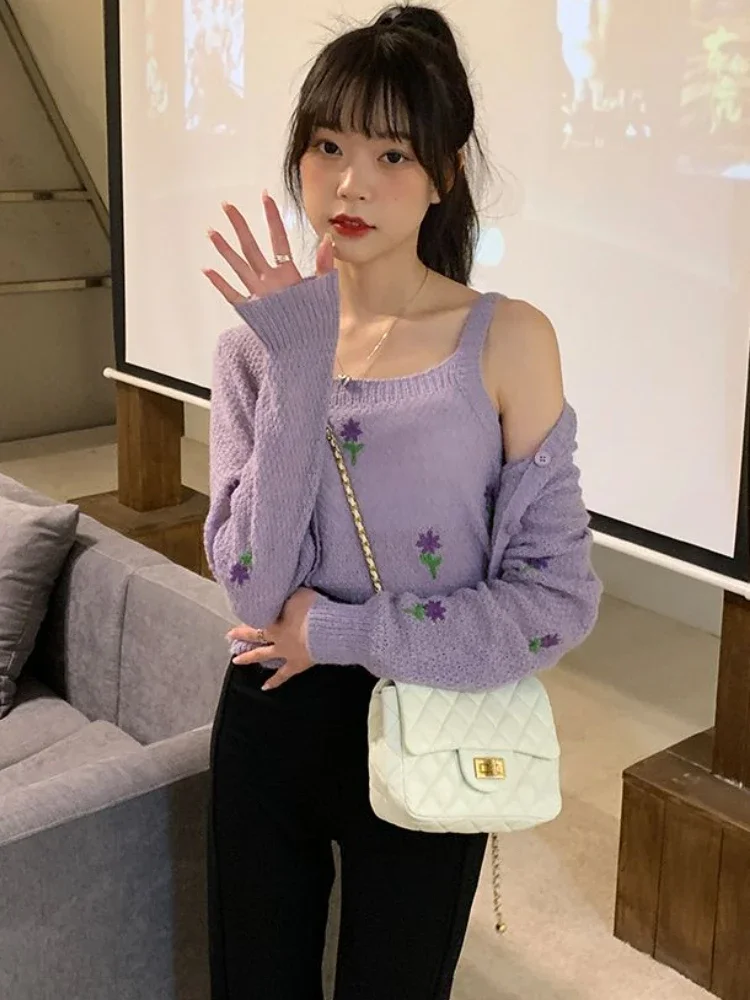 Cardigan Sets Women Sweet Design Embroidery Tanks Simple Spring Floral Ladies Ins Tender Korean Style Sun-proof Knitwear Cropped