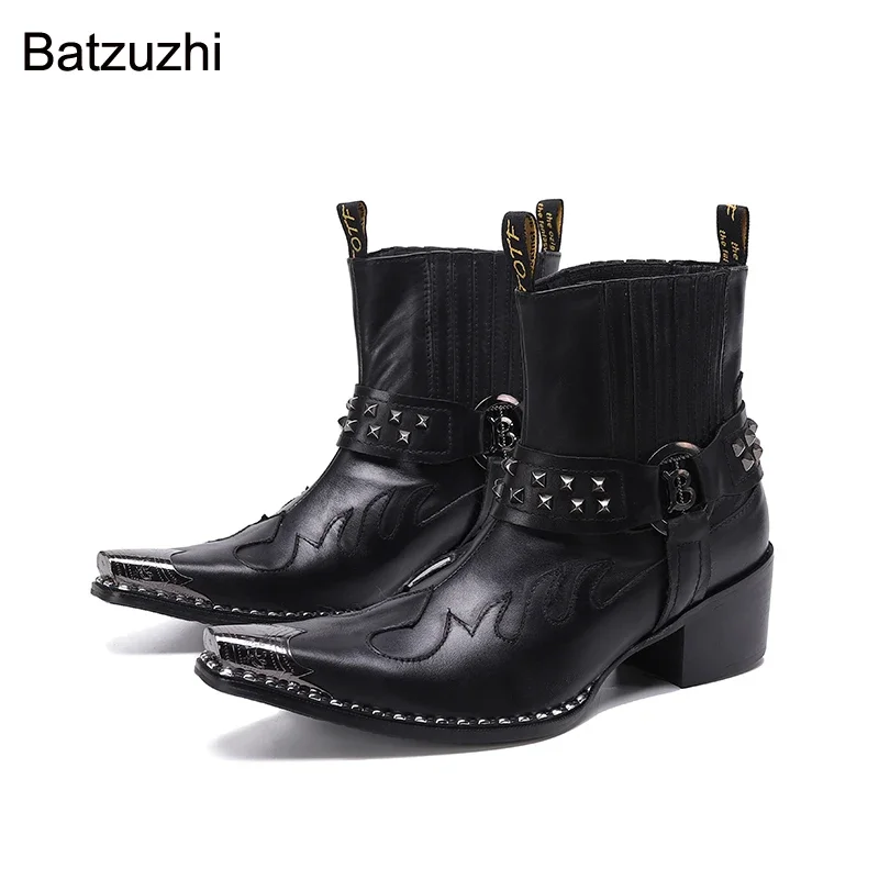 

Batzuzhi Rock Genuine Leather Ankle Boots Men Western Cowboy Men Boots Pointed Toe Iron Head Black Riding/Motorcycle Party Botas