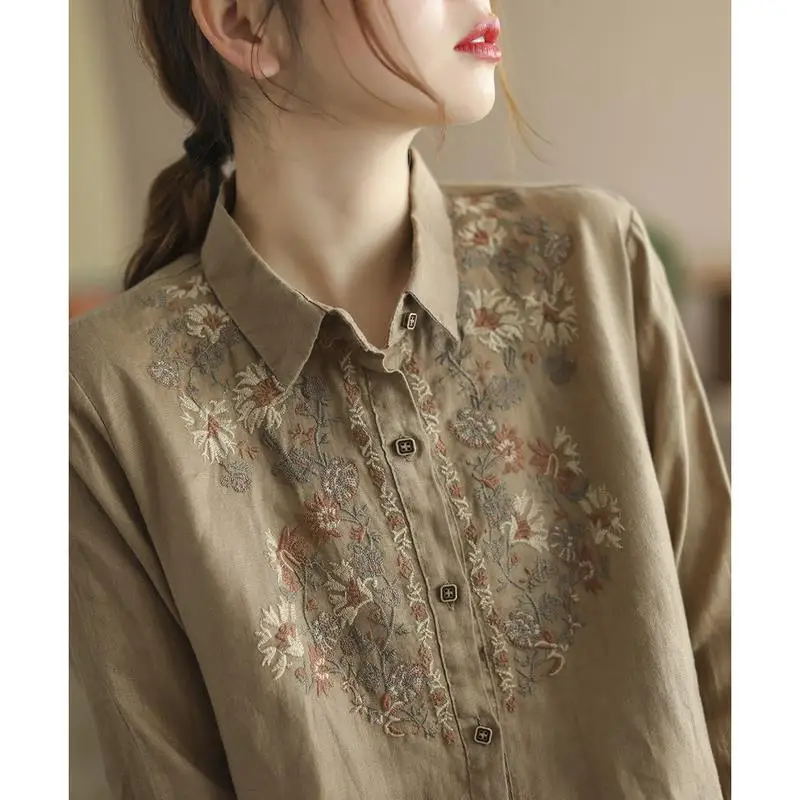 Vintage Embroidery Comfortable Loose Cotton Linen Button Up Shirt Women Casual Street Long Sleeve Blouse Top Female Clothing2023