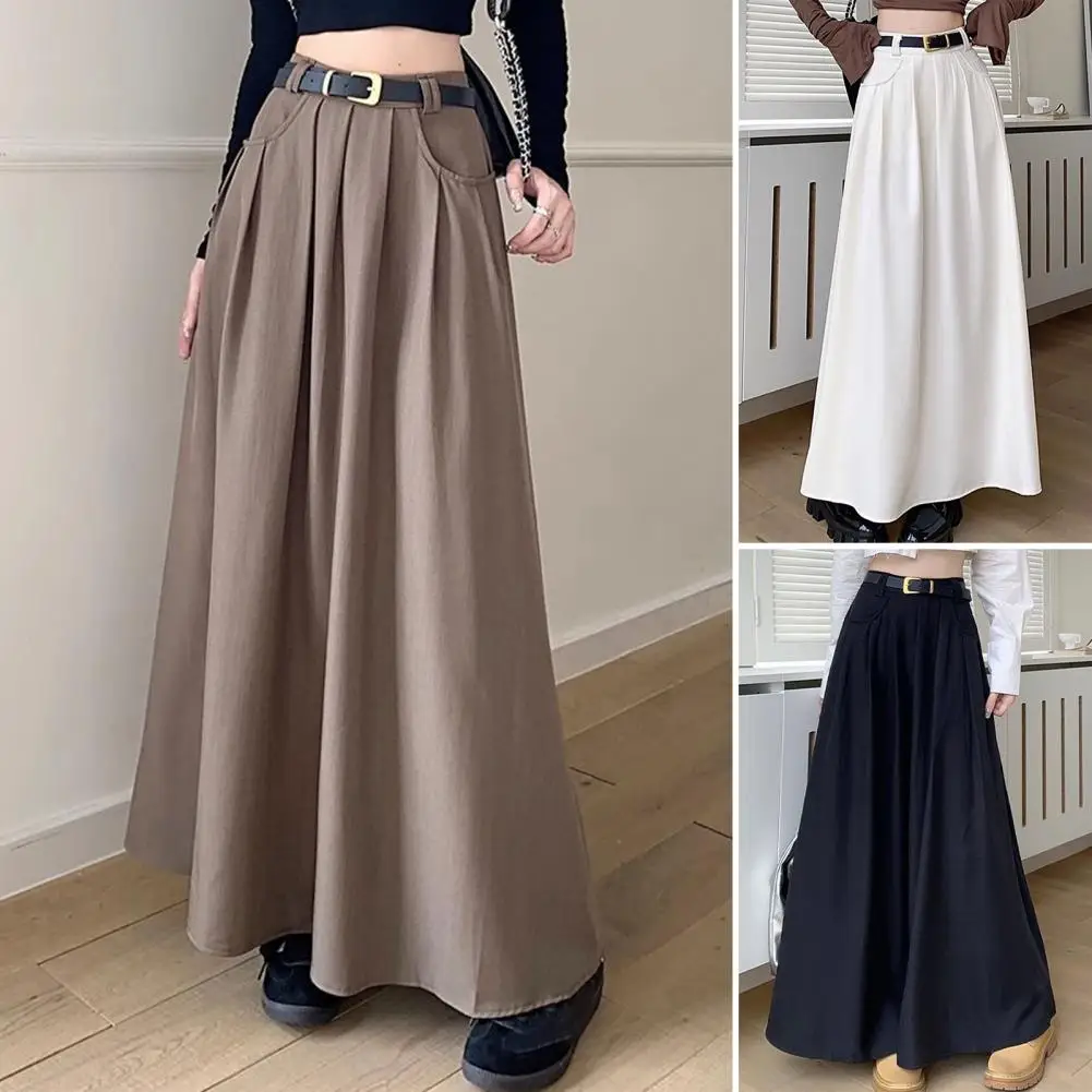 Women High Waist Pleated Skirt Elegant Flared A-Line Midi Skirt with Pockets Fashion Solid Color Lady Long Skirt for Autumn