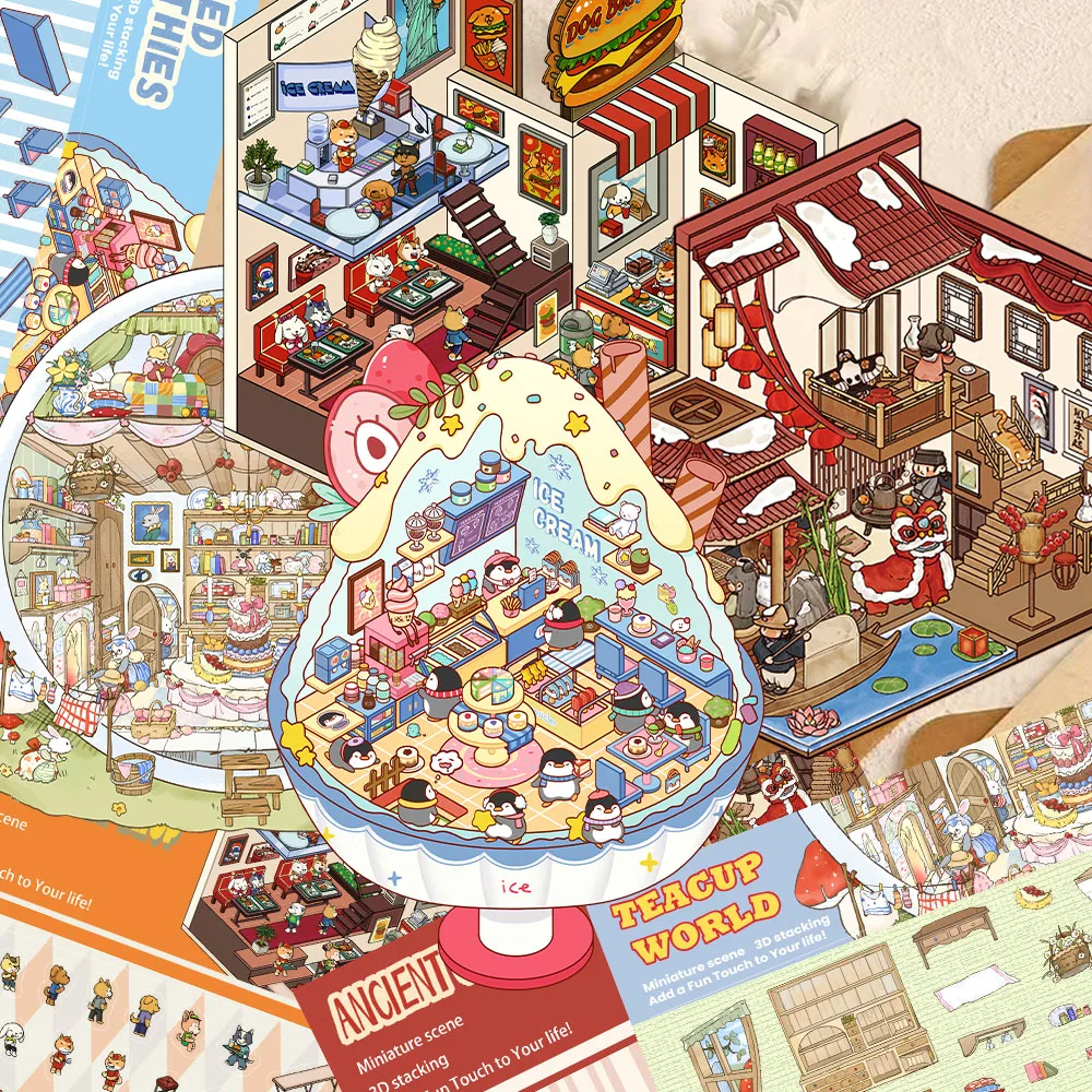 Cartoon Landscape Stickers Miniature World Teacup Ice Sand Alien Puppy Small Creative 3D House Scene