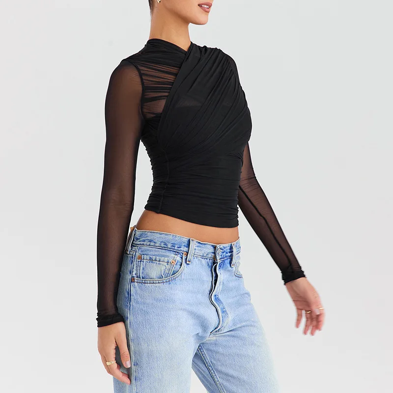 Women's Sexy Mesh See-through Crop Tops with Back Zipper Spring Summer Long Sleeve Midriff Tops Solid Colors T Shirts YWFD005