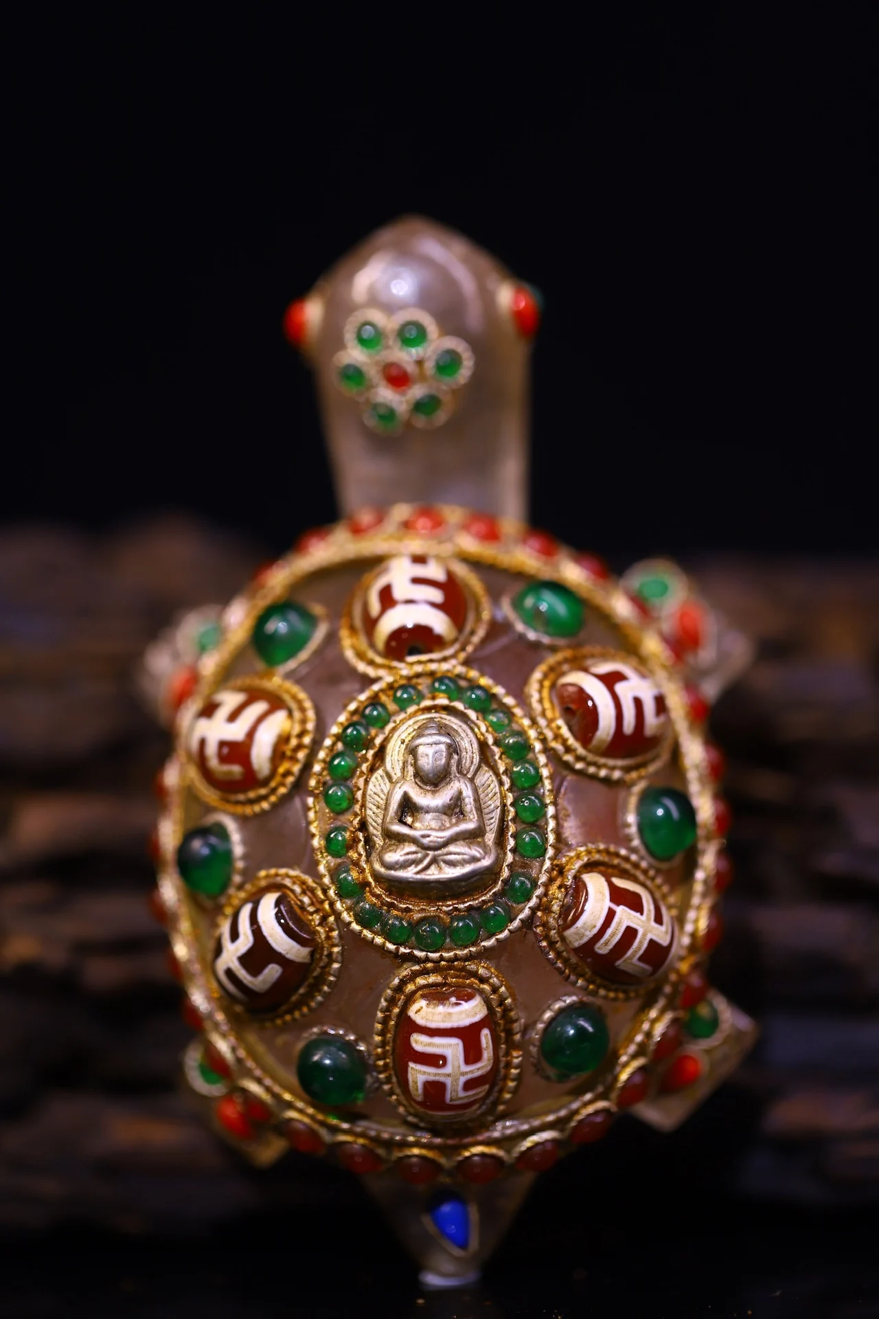 4”Tibetan Temple Collection Old Natural Crystal Mosaic Gem gZi Beads Sakyamuni Buddha Turtle Statue Pendant Worship Hall