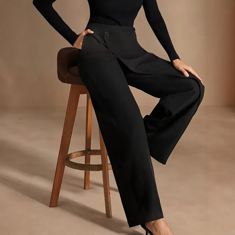 Neue Hochgeschnittene Damenhose für Herbst Büro-Mode Gerade Geschnittene Anzughose Lässige Knopfleiste Weite Asymmetrische Damenhose – Detail 4