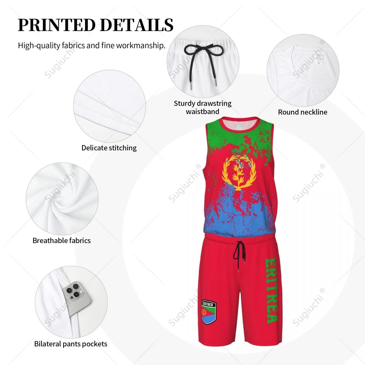 Eritreia Bandeira Basketball Jersey Set para homens, camisa sem mangas e calças, nome personalizado Nunber Exclusivo