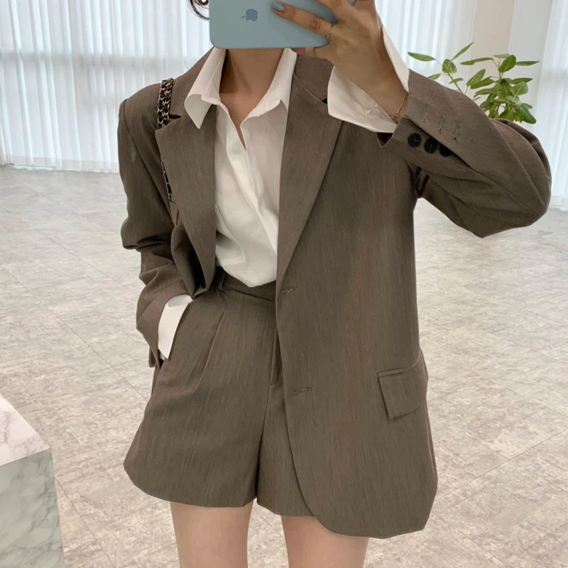 Chic Vintage Spring Long Sve Suit Jaet Loose High Waist Wide Leg Pants orts Set Women's Faion Cotton Blend Ensemble