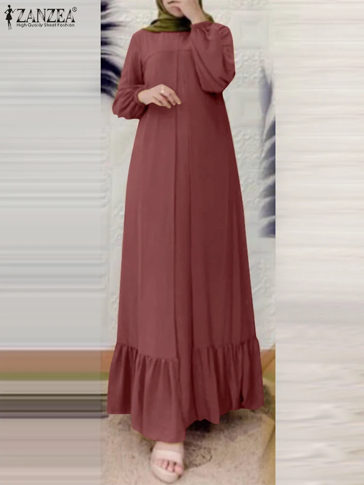 ZANZEA Muslim Fashion Fake Two-Pieces Long Dresses Women Elegant Long Sleeve O Neck Ruffled Hem Abaya Robes Casual Loose Vestido