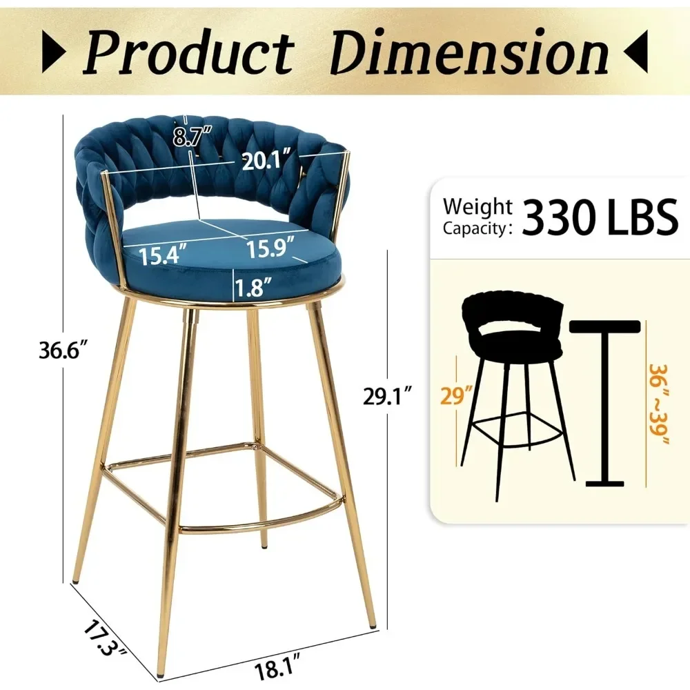 Bar Stools Set of 2, 29 Inches Height Comfy Seat and Sturdy Golden Metal Legs, Handmade Woven Back Armrest,Bar Chairs