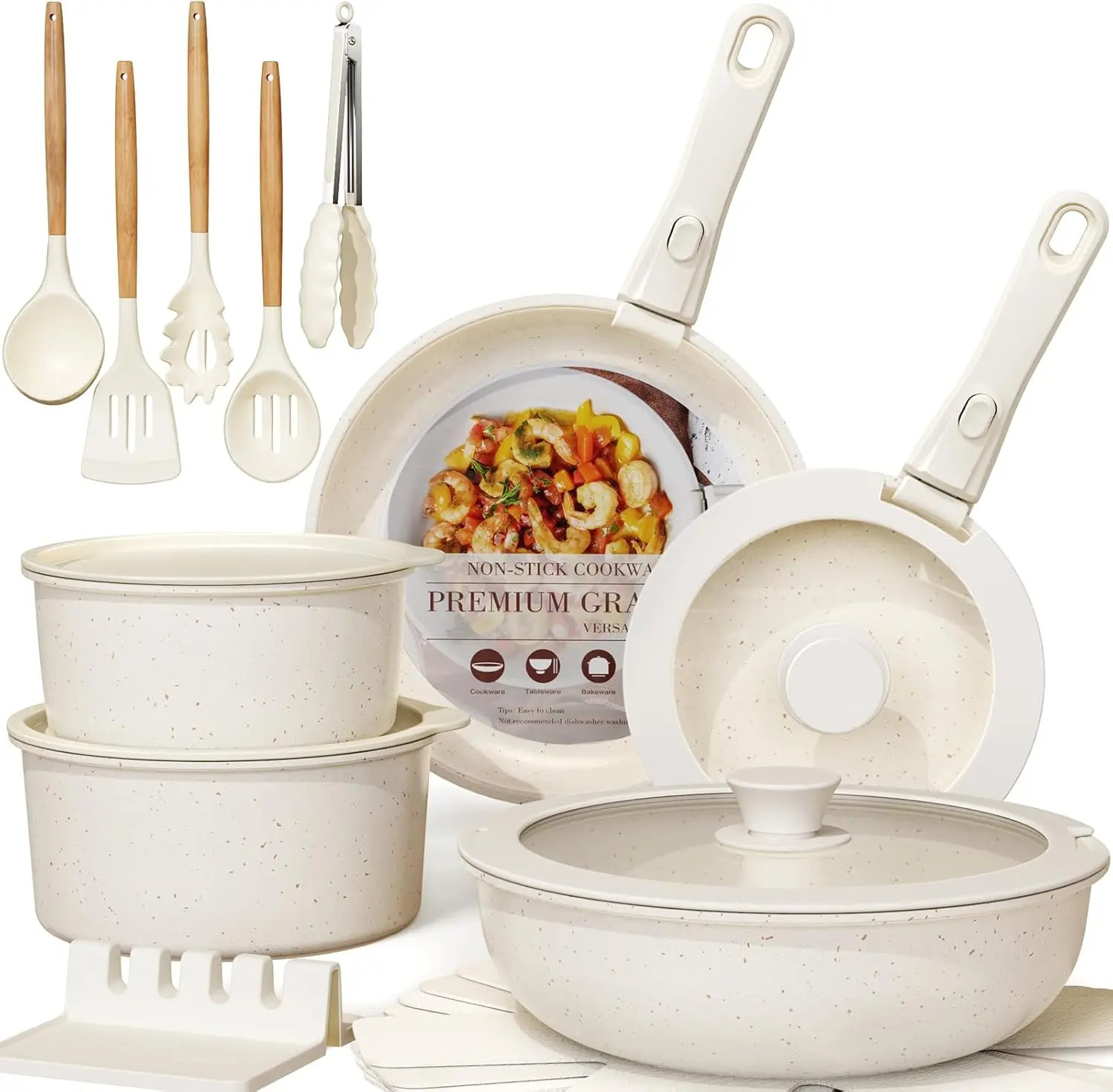 

21-Piece Ceramic Non-Stick Cookware Set with Removable Handles, Oven Safe, Induction Compatible, Cream White