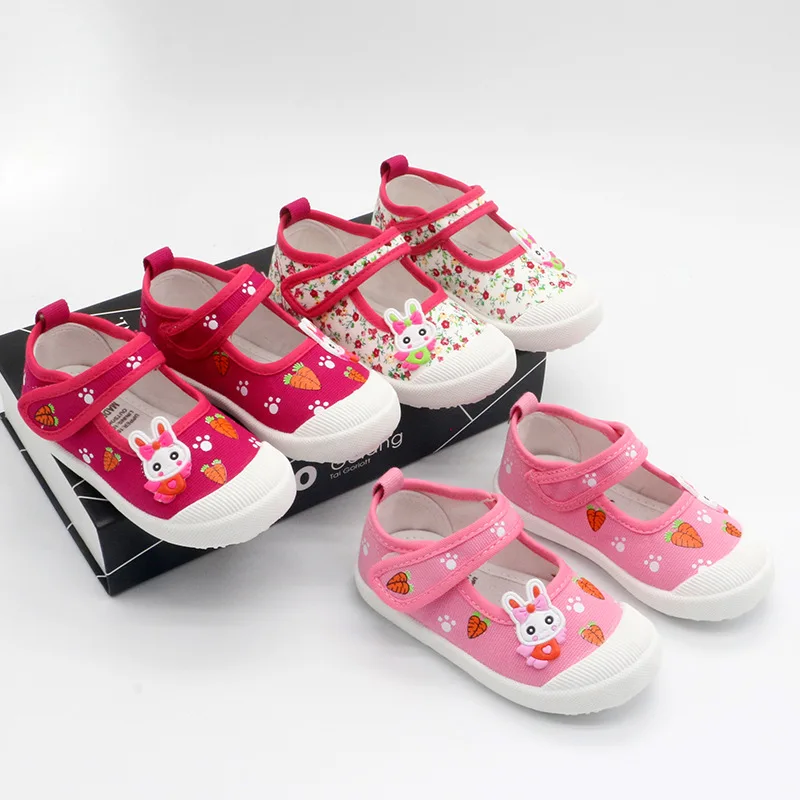 JGSHOWKITO Girls Canvas Shoes Soft Sports Shoes Kids Running Sneakers Candy  With Cartoon Rabbit Carrots Prints Children