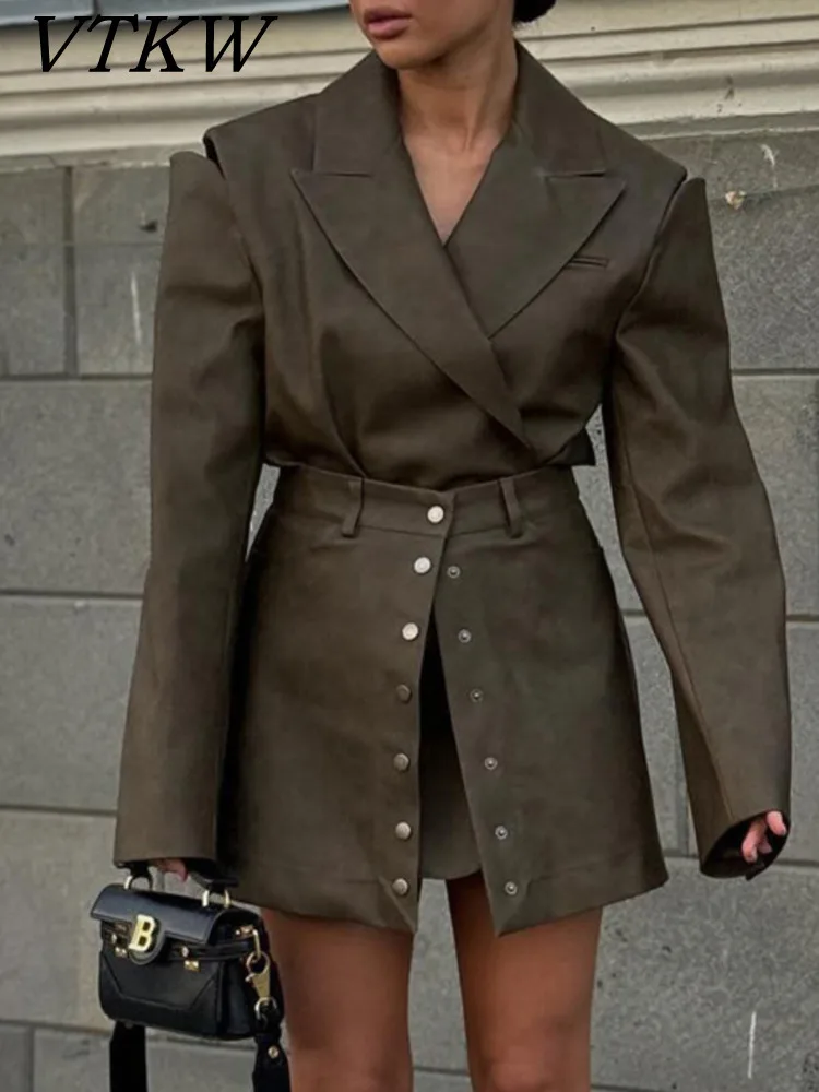 

VTKW Fashion PU Leather Women's Blazer 2025 Spring Skirt Designer Hollowed Out Long Sleeved Top High-end Two-piece Set
