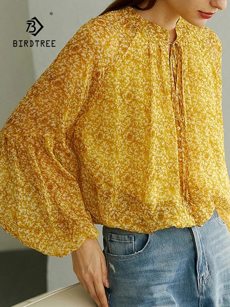 

Birdtree Women's Printed Lantern Sleeves Short Lace Up Blouse,2024 Spring 100%Real Silk New French Fresh Sweet Shirt T41129QC