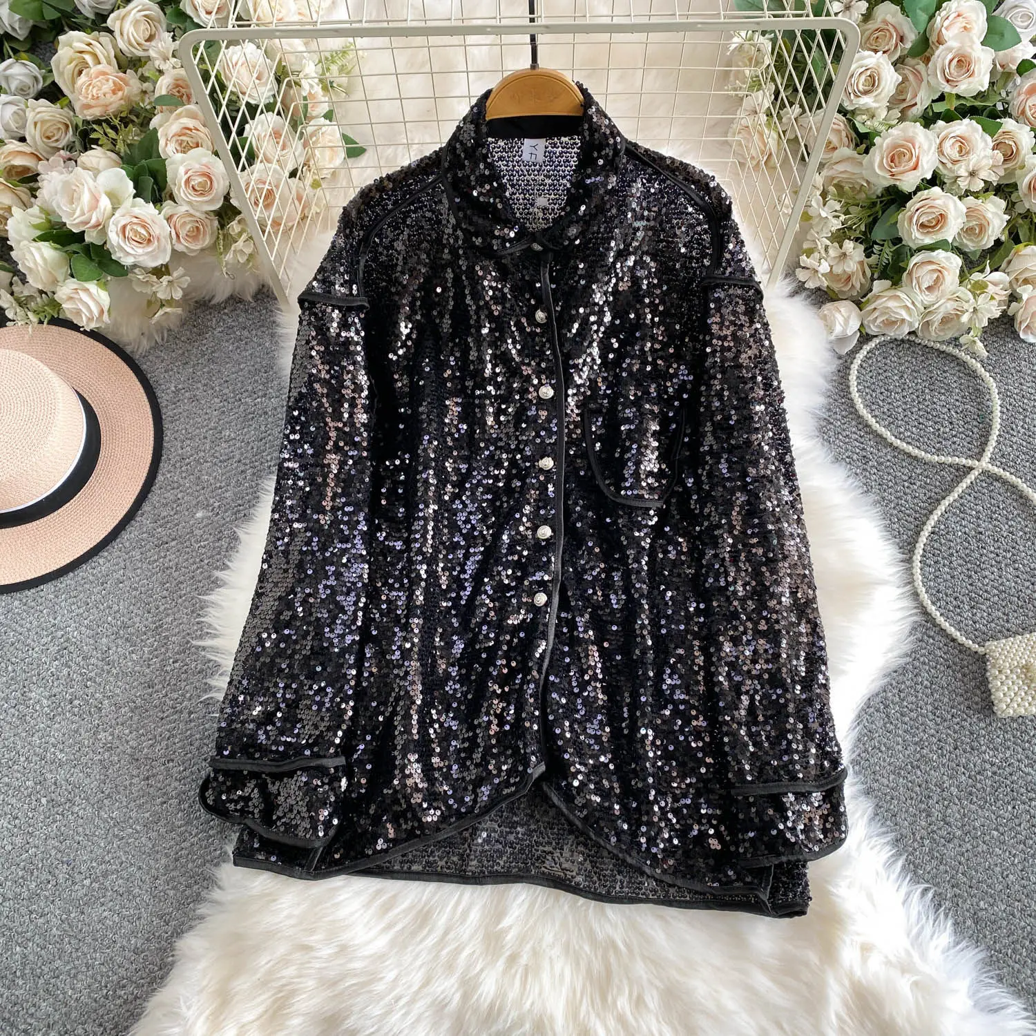 

Женские рубашки SuperAen в европейском и американском стиле с пайетками и воротником-стойкой, весенне-летние, новые, для сценических выступлений, приталенные пальто