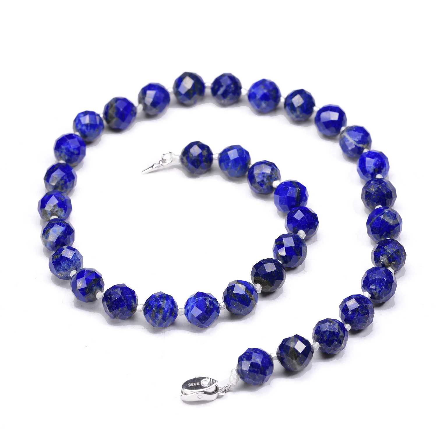 10MM High Quality Natural Faceted Lapis Lazuli Beads Necklace for Women Men Silver 925 Buckle Chokers Jewelry Female Hand Knotte