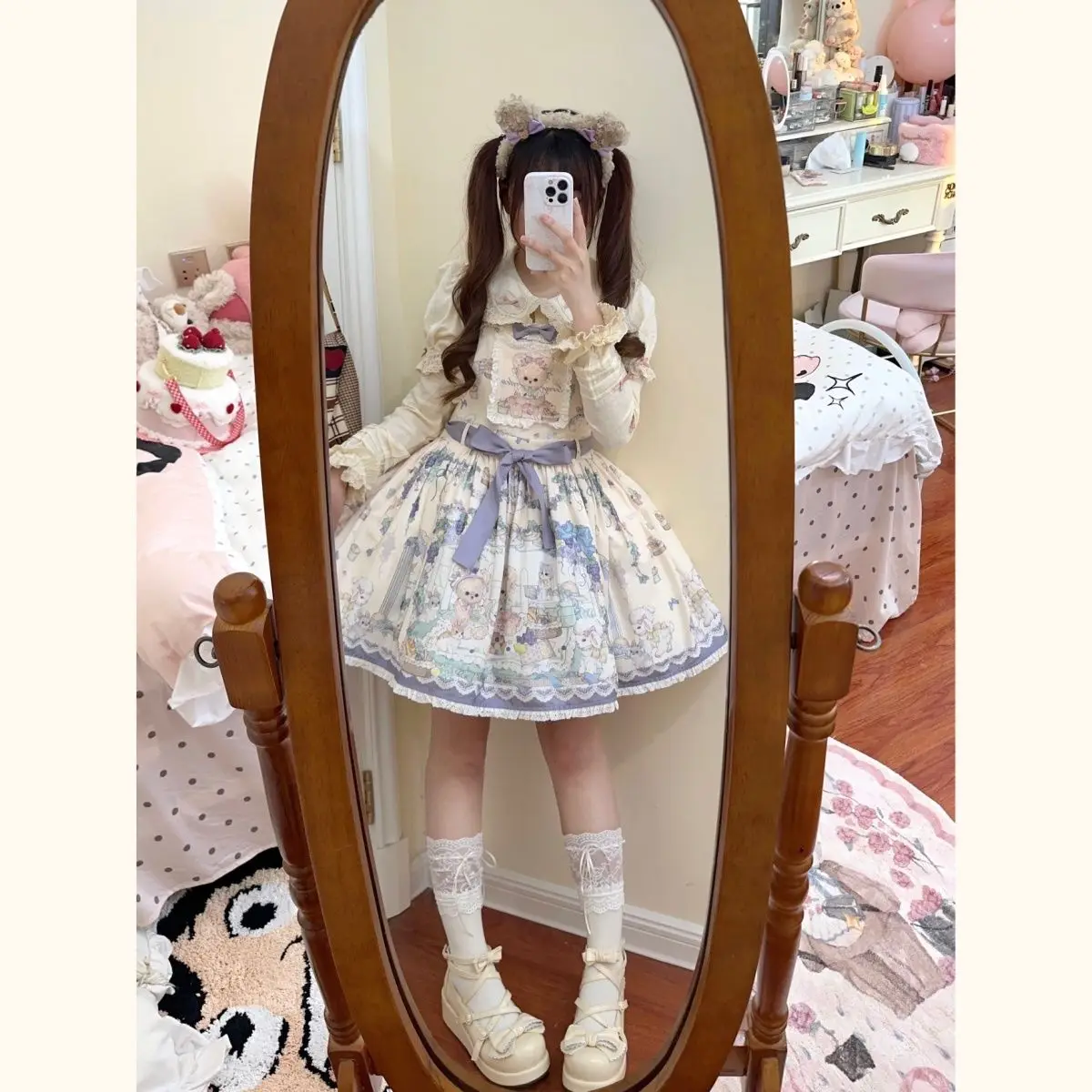 

Милое платье с мультяшным принтом JSK на бретелях, лето 2021, кружевное платье с бантом в стиле Лолиты, милый медведь, тонкие кавайные платья с высокой талией Y2k, женские платья