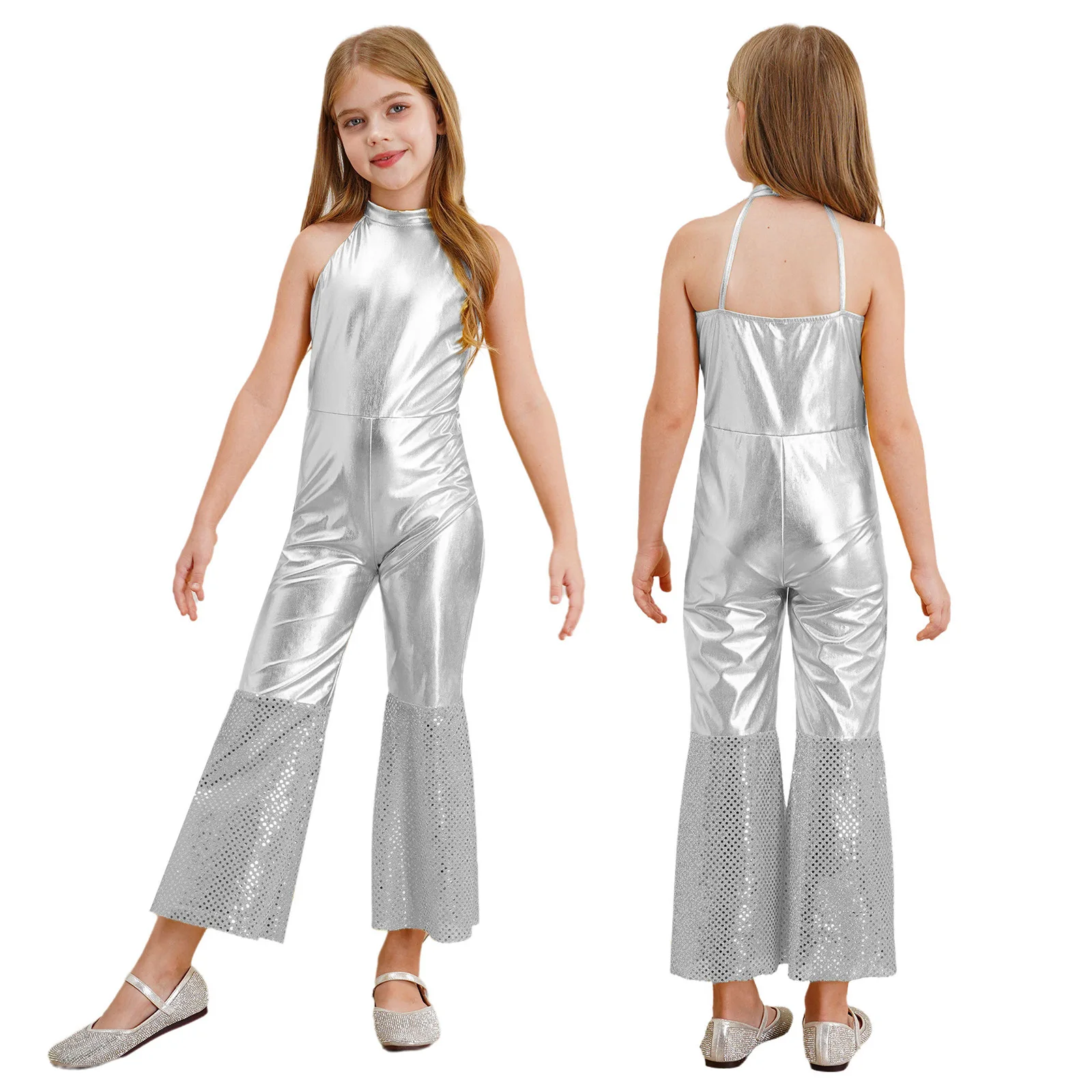 Girl Fancy Dress Up Metallic Sequins Movie Star Singer Bodysuit 70s Disco Dance Retro Cosplay Jumpsuit High Waist Jazz Dancewear