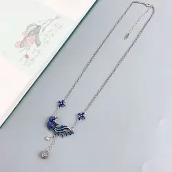 925 Silver Clavicle Chain Blue Enamel Phoenix Tassel Necklace for Women Vintage Style Exquisite Pendant Banquet Jewelry