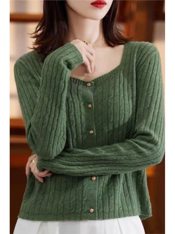 

Ele Vintage Color Knitted Long Sve Women's Open Cardigan Summer New Sle Square Collar Sweater Coat Sweet Sle