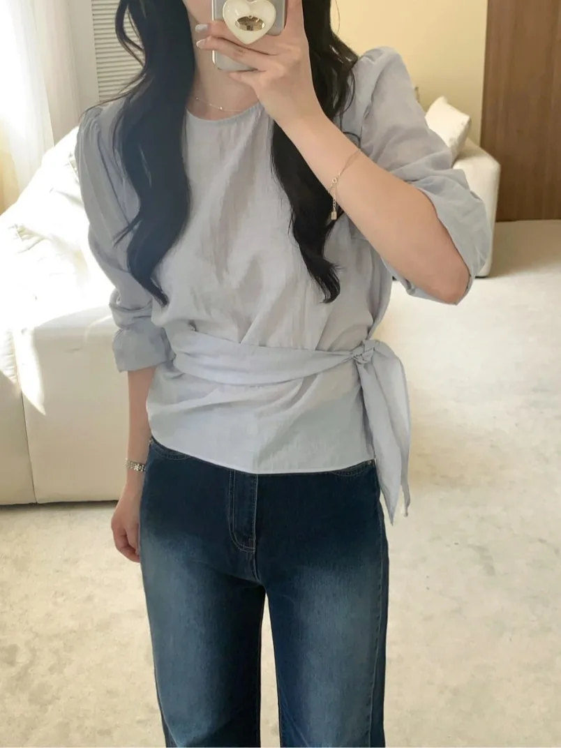 

Женская свободная универсальная блузка с длинным рукавом и круглым вырезом, с завязками на талии, в корейском стиле, для повседневной носки на все сезоны. Новинка весенней коллекции.