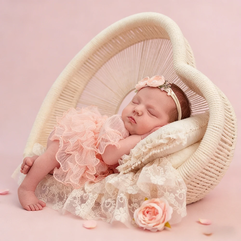 Newborn Baby Girl Peach Tutu Romper Photography Outfit Lace Ruffle Bodysuit Infant Photo Shoot Tutu Dress Newborn