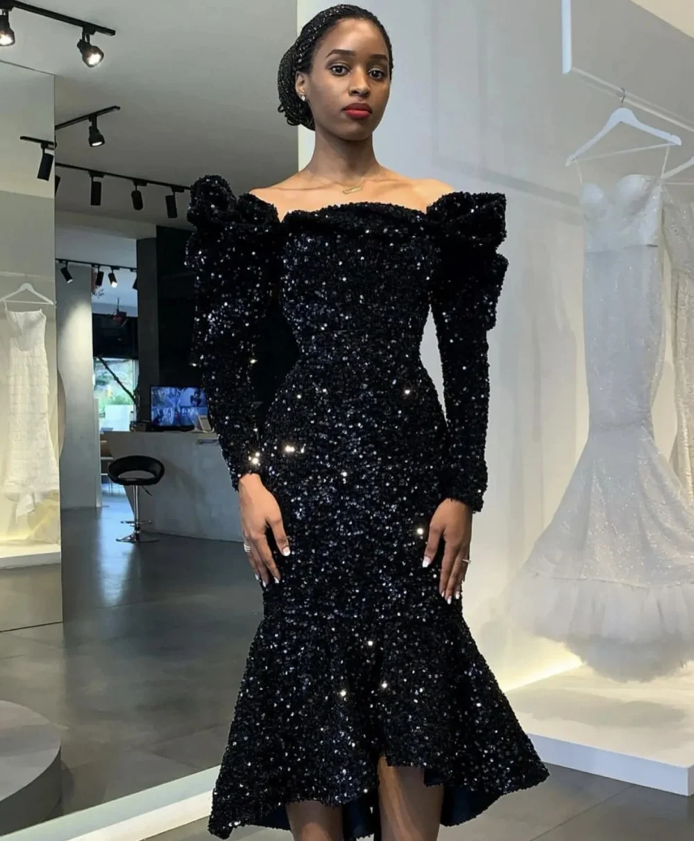 Black Prom Dress Formal Evening Dress Sparkling Sequins Party Gowns Mermaid Long Puff Sleeves Tea-Length Vestidos De Gala Mujer