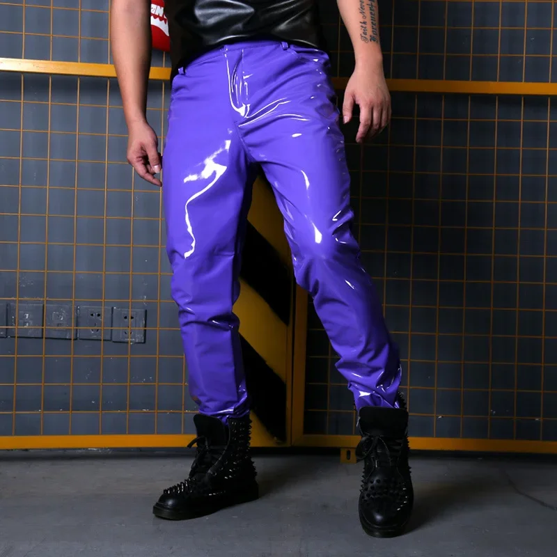 

Fashion Show Singer Dancer Hip Hop Style Slim Fit Trousers Custom Made Stage Costumes Men Purple Casual Leather Pant Male