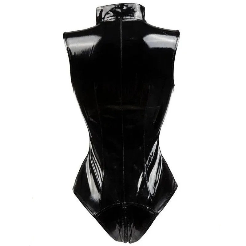 New Double Zipper Sexy Open Crotch Leather Jumpsuit For Women Erotic Below Crotchless Bodysuit Glossy Shaping Latex Lingerie Set