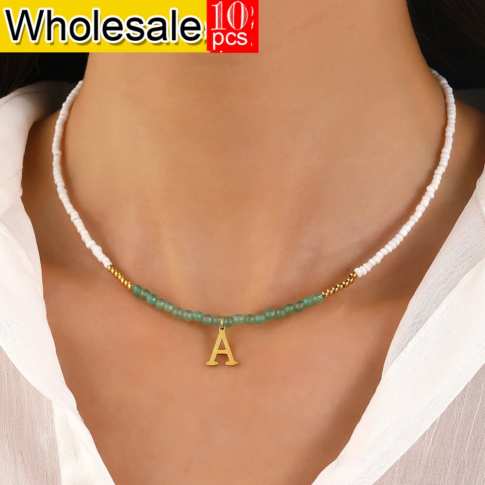 

10PCS Bohemian style short neckchain white beige pearl green crystal A-Z initials pendant women's necklace jewelry wholesale