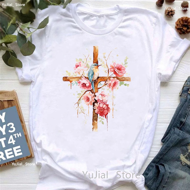 Colorful Cross Jesus Printed T Shirt Girls Summer Fashion Tops Tee Shirt Femme Harajuku Shirt Kawaii Clothes T-Shirt Female