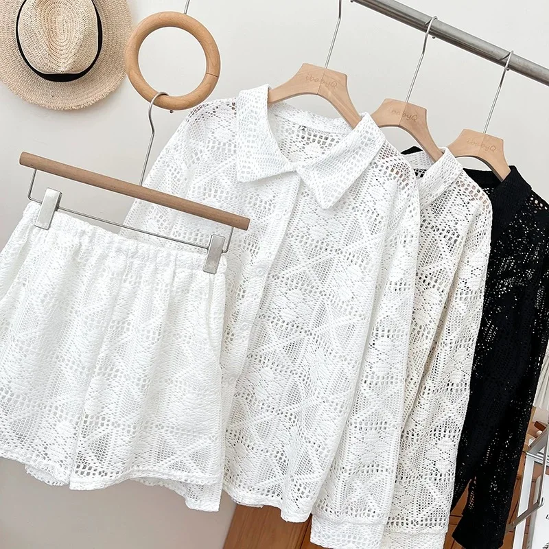 

Clothland Women Hollow Out Blouse Shorts Suit Long Sleeve Loose Shirt Elastic Band Mini Shorts Cute Summer Two Piece Set TA634