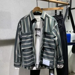 2023 Autumn Men's New Fashion Loose Striped Polo Coat Temperament Street Leisure Comfortable Versatile Long Sleeve Top