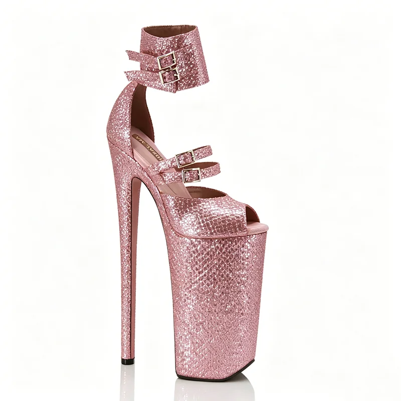 Blue Glitter Platform Stilettos with Dual Buckle Ankle Straps  26cm Ultra-High Heel Party Shoes Night Stage Performances Sandals