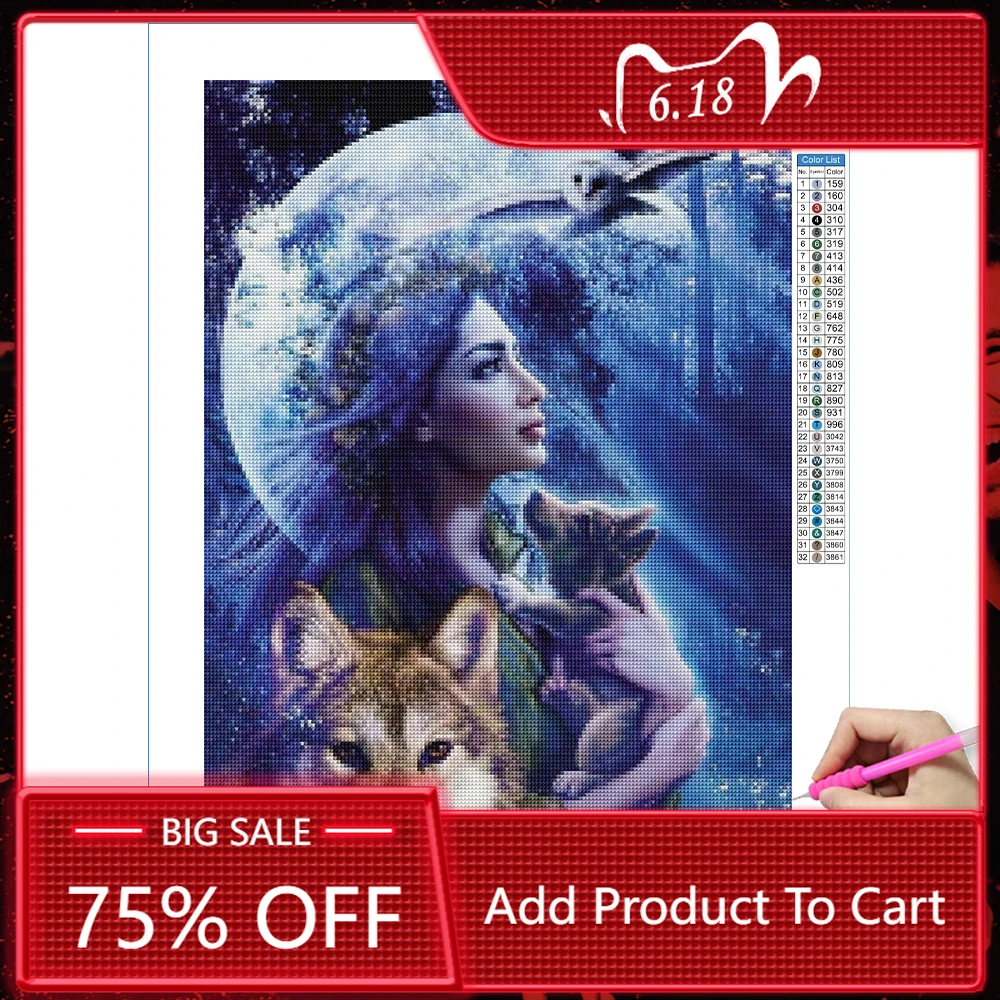 5D Diy Diamond Painting Wolf Goddess Diamond Embroidery Moonlit Night Owl Cross Stitch Kits Animals Picture of Rhinestones Decor