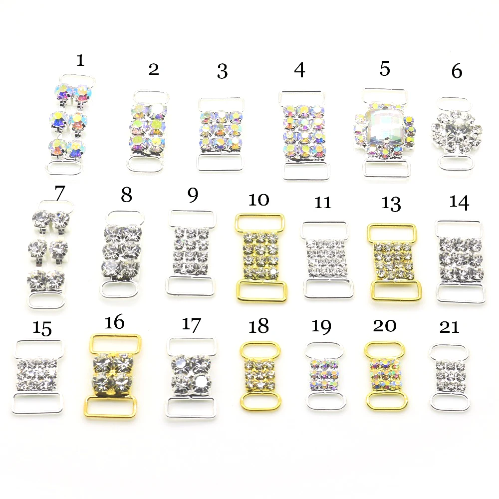 New Hot 10Pc/Lot Mix Size 22 styles Wholesale Cheap Two Color Crystal Buckles Rhinestone Bikini Connector Ribbon Clothing buckle