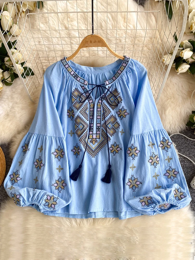 

Women Bohemian Blouse Embroidery Fringed Shirt Spring Long-sleeved Loose Lantern Sleeve Vacation Style Top Female Blusa BL366